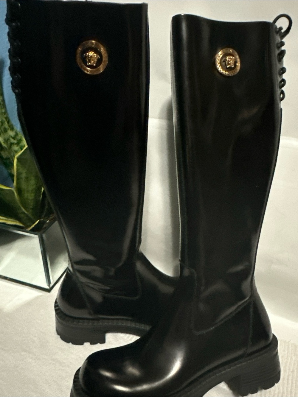 Versace Black Leather Over-the-Knee Lug-Sole Boots with Gold Medusa